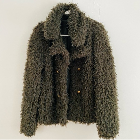 Vero Moda Green Fuzzy Faux Fur Open Front Double Breasted Jacket - Picture 1 of 5